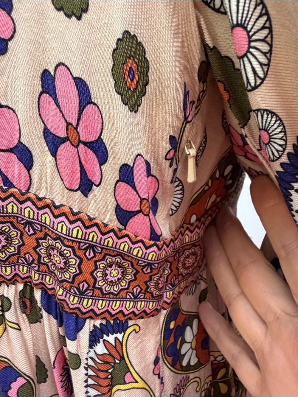 Boden Paisley Floral Long Sleeve Boho Maxi Dress - Cream, Pink, Green, Brown - Picture 6 of 15